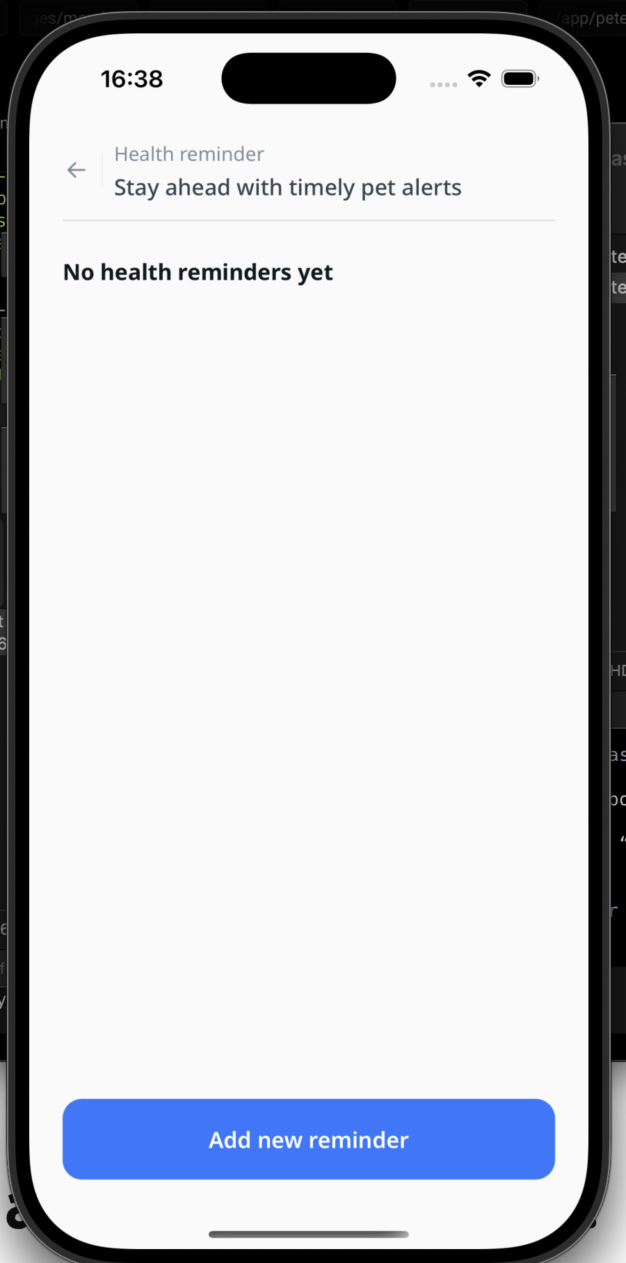 Petezy health reminders empty state with add reminder button